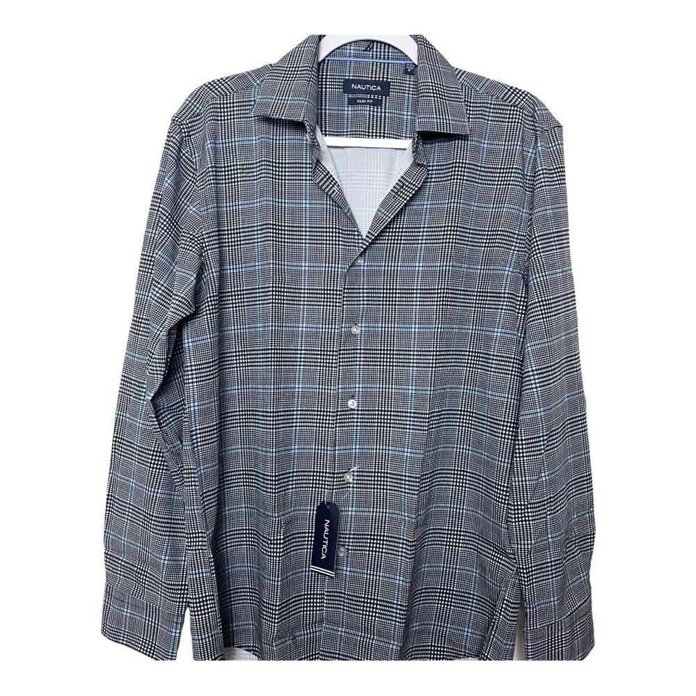 Nautica Men Slim Fit Dress Plaid Shirt. White Black Light Blue Sz M